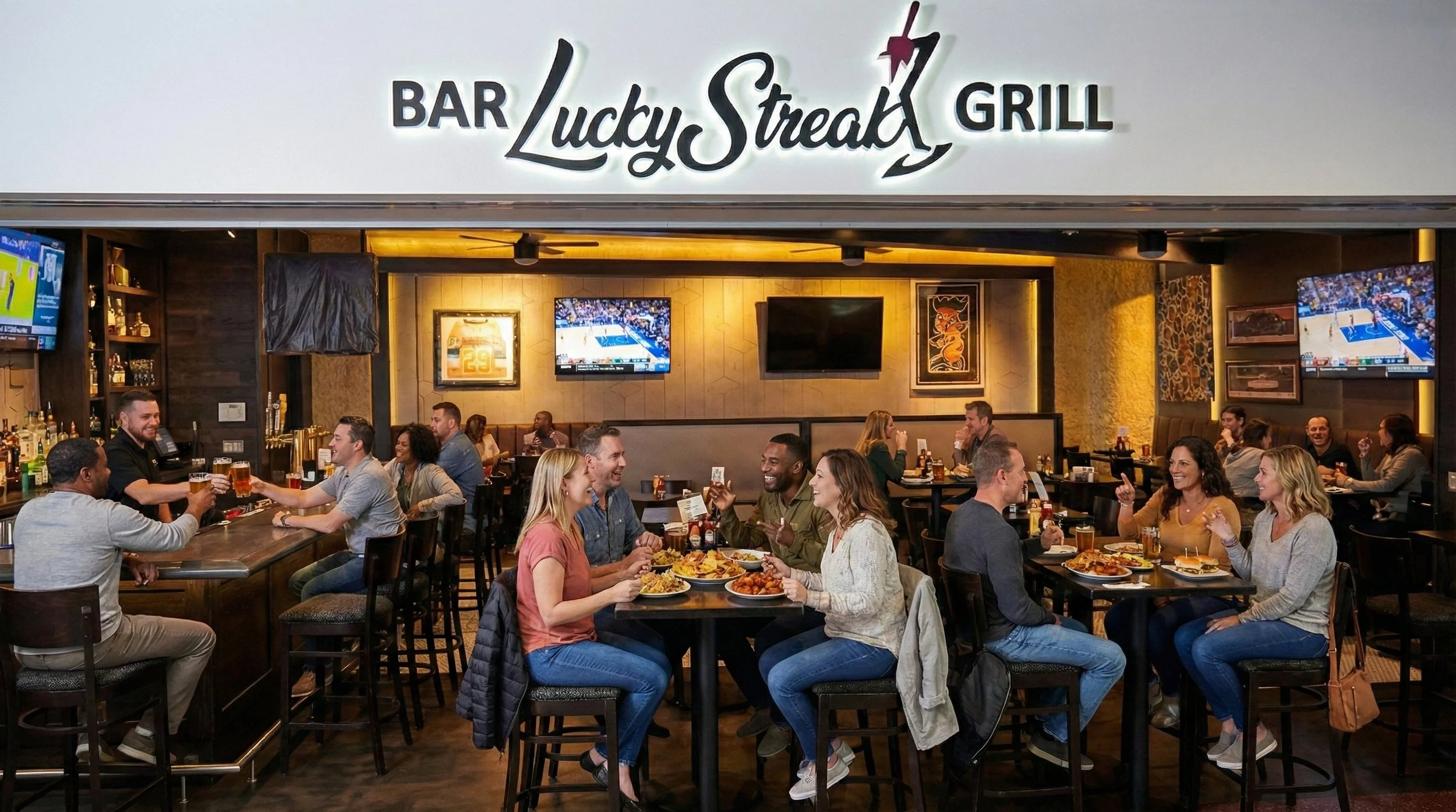 Image of people laughing and eating at a bar