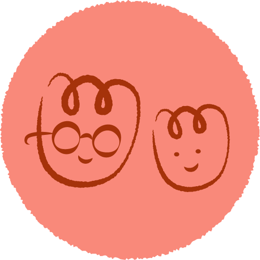 Simple illustration of two smiling faces with glasses, one larger and one smaller, on a pink background.