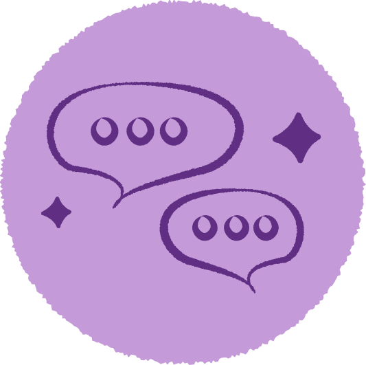 Purple background with two speech bubbles containing three dots each and two small star shapes.