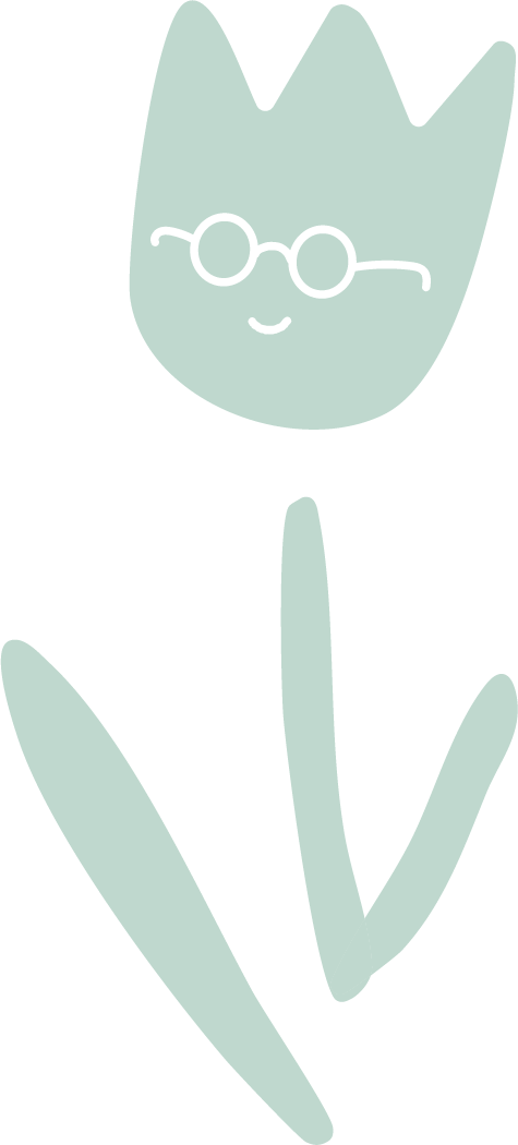 Animated flower character with a face wearing glasses.