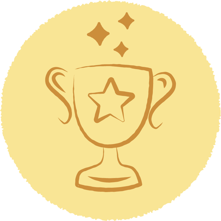 A simple line drawing of a trophy cup with a star on it, surrounded by three stars above it on a circular yellow background.