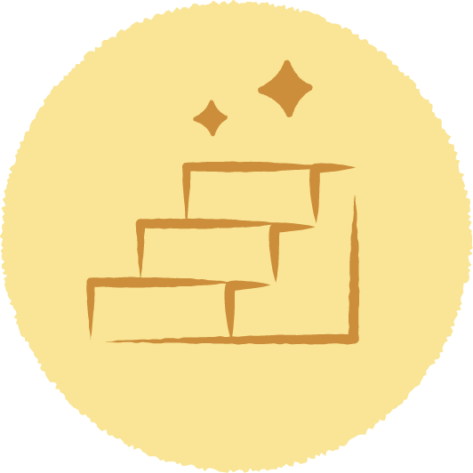 Illustration of a three-step staircase with two sparkle icons above, set inside a beige circle.
