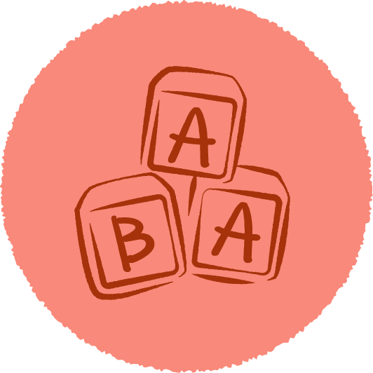 Illustration of three children's alphabet blocks with the letters A and B on them, arranged in a cluster on a pink circular background.