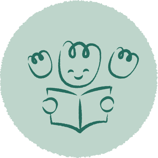 Cartoon illustration of a happy child reading a book with arms raised.