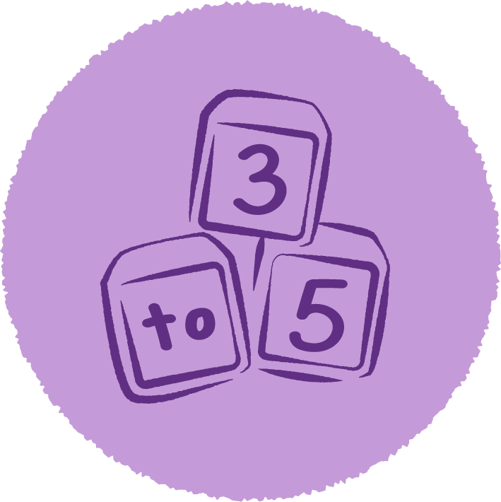 Illustration of three purple blocks with mathematical symbols and numbers, including '+', '3', and '5', on a purple circular background.