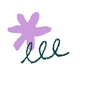 A purple flower with the word "pee" written in teal below it.