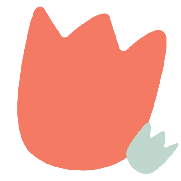 A stylized illustration of a pink flower with a small light blue petal.