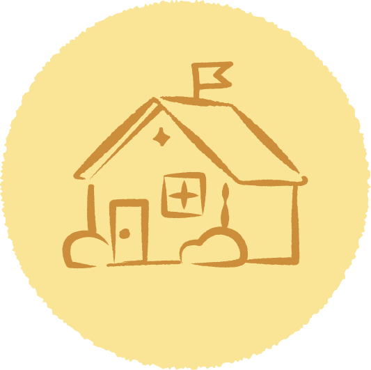 Simple line drawing of a house with a flag on the roof, a window, a door, and some bushes surrounding it.