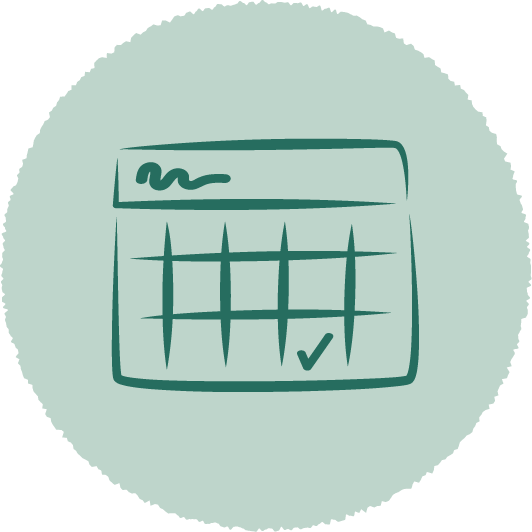 A simplified drawing of a calendar with a check mark at the bottom right.