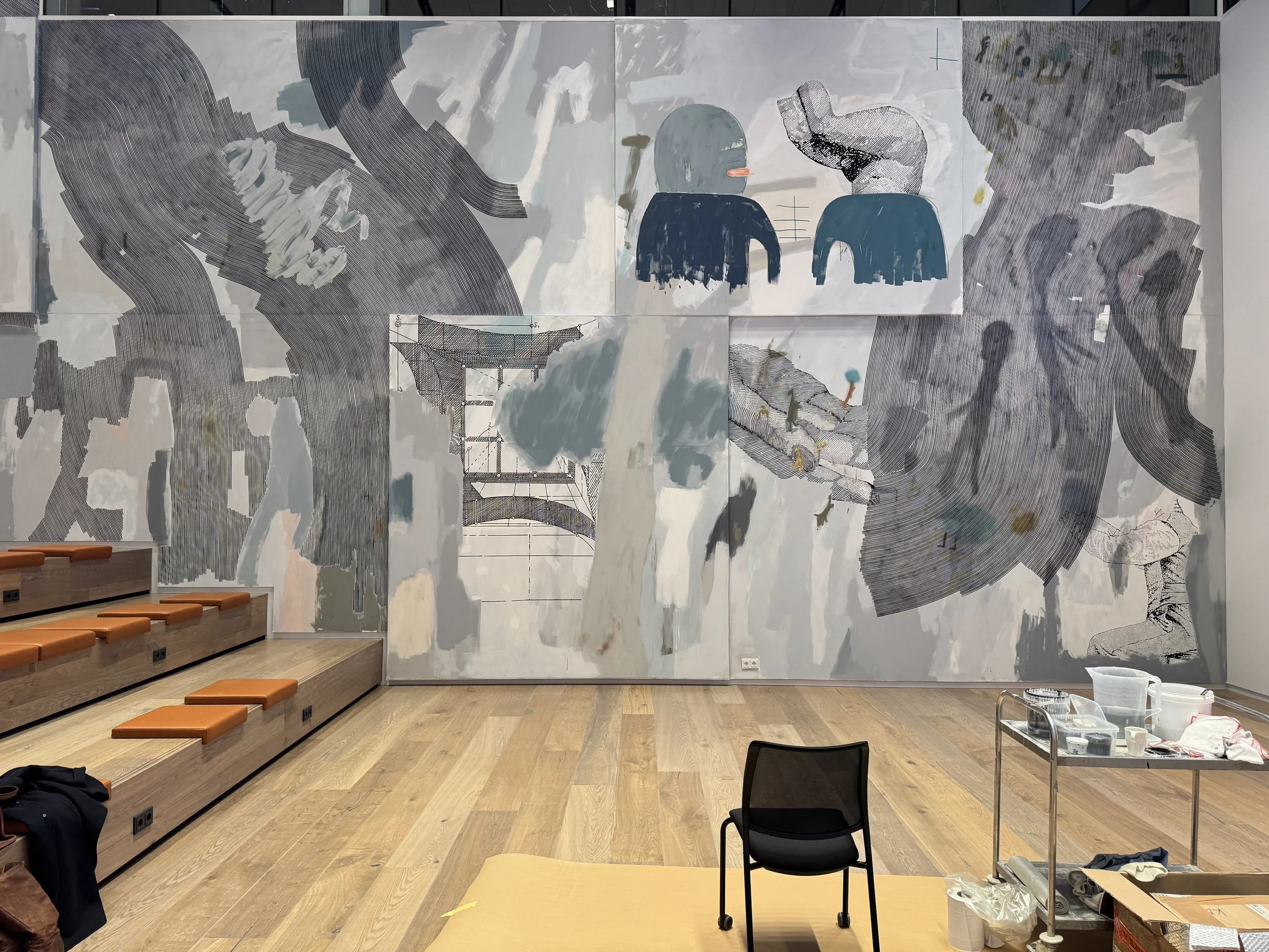 Large-scale mural "Memories of an Aquarium" by Anna Marie Sigmond Gudmundsdottir at Alvotech headquarters, Reykjavik. Painted with Lascaux acrylics, covering approximately 180 square meters of the auditorium wall.