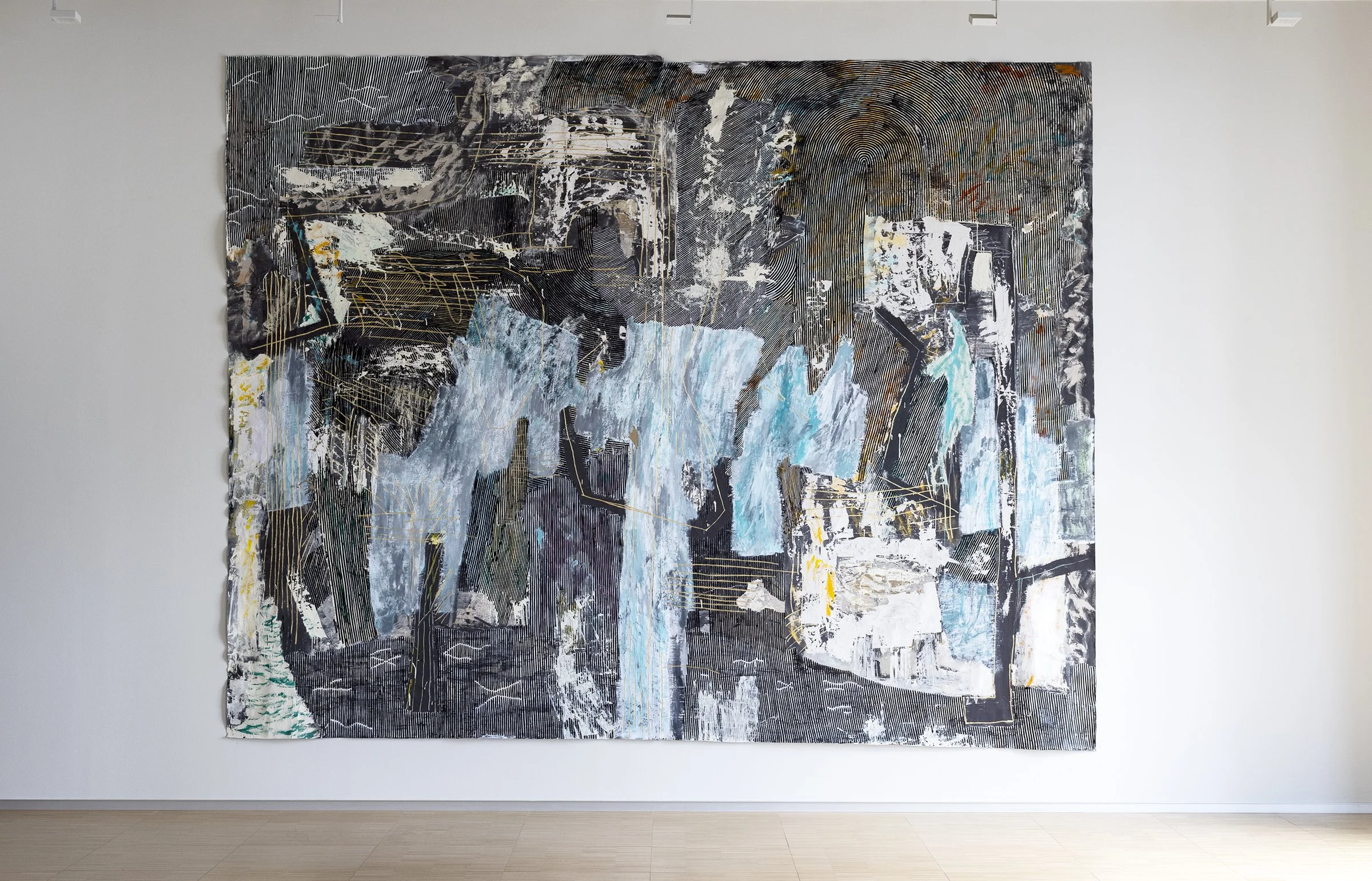 Painting by Anna Marie Sigmond Gudmundsdottir. Exhibited at Bodø Biennale (2021), A.P.T. Gallery London, K.U.K. Trondheim, Glasslåven Gran, and Ullinsvin, Norway. Mixed media, 430 x 340 cm.