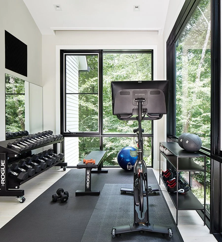 Home gym with dumbbells, a bench, a stationary bike, medicine ball, kettlebells, and a large window showing green trees outside.