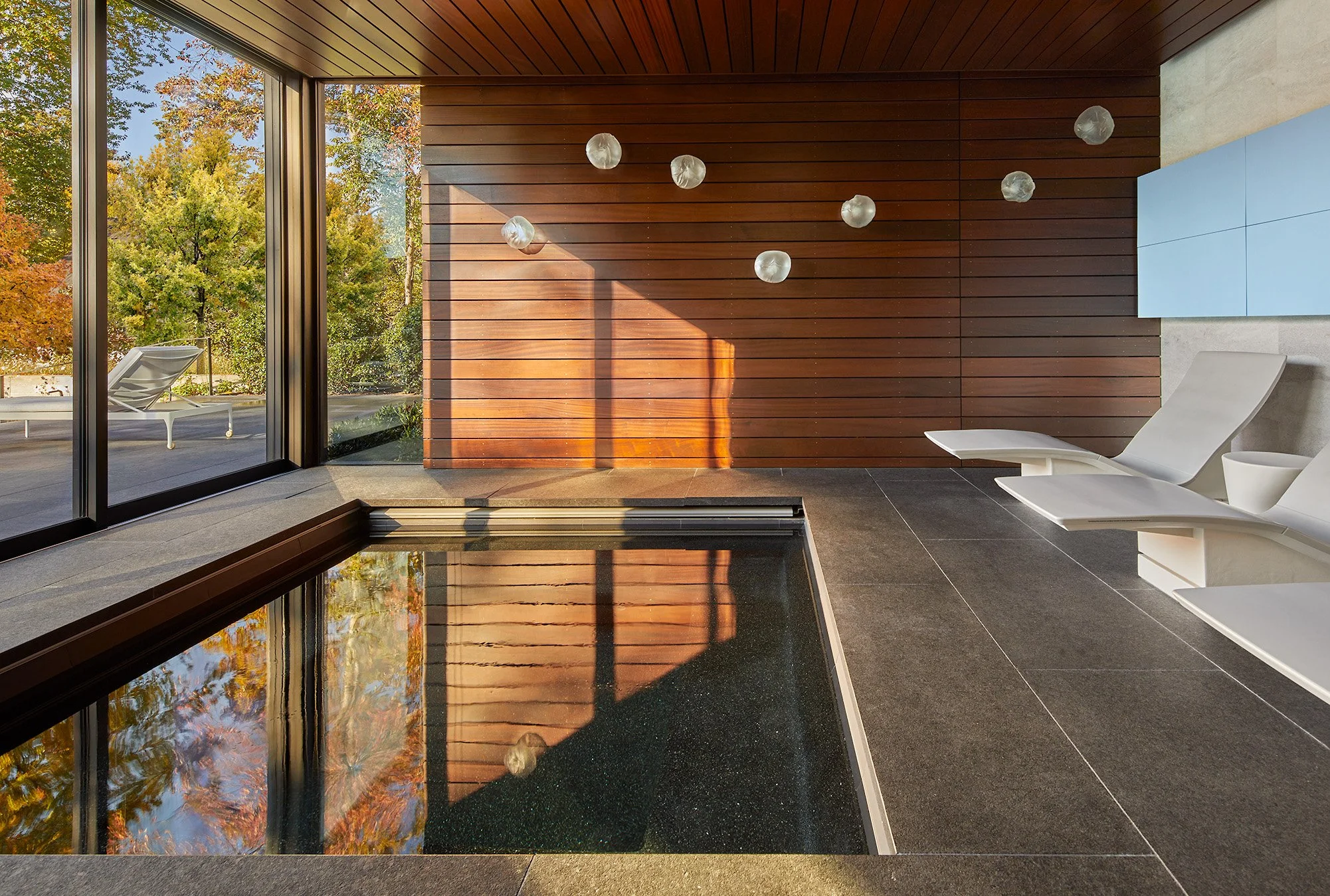 Modern indoor space with large floor-to-ceiling windows showing colorful autumn trees outside. Interior features include a wooden accent wall, white lounge chair, and a reflective black tiled floor.