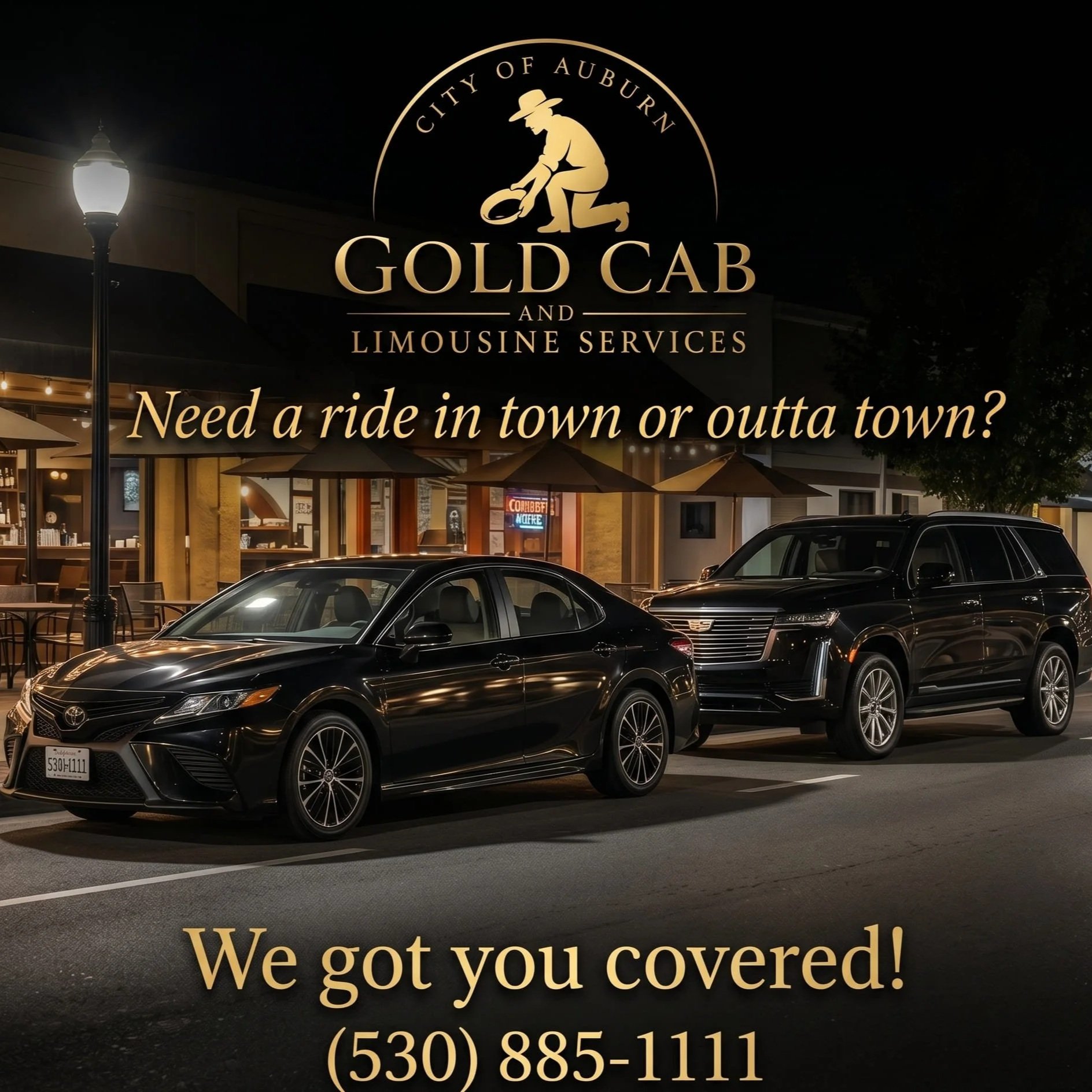 Sign advertising Gold Cab and Limousine Services in Auburn at night, with parked black luxury cars in front of a restaurant or cafe.