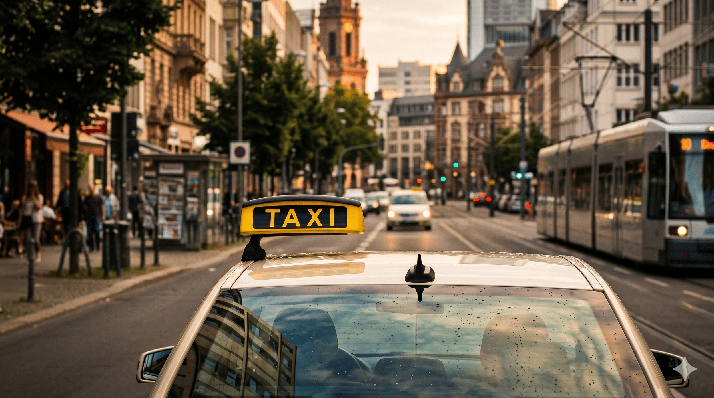 Close-up of a yellow taxi sign against a blurred urban street with a tram at sunset.