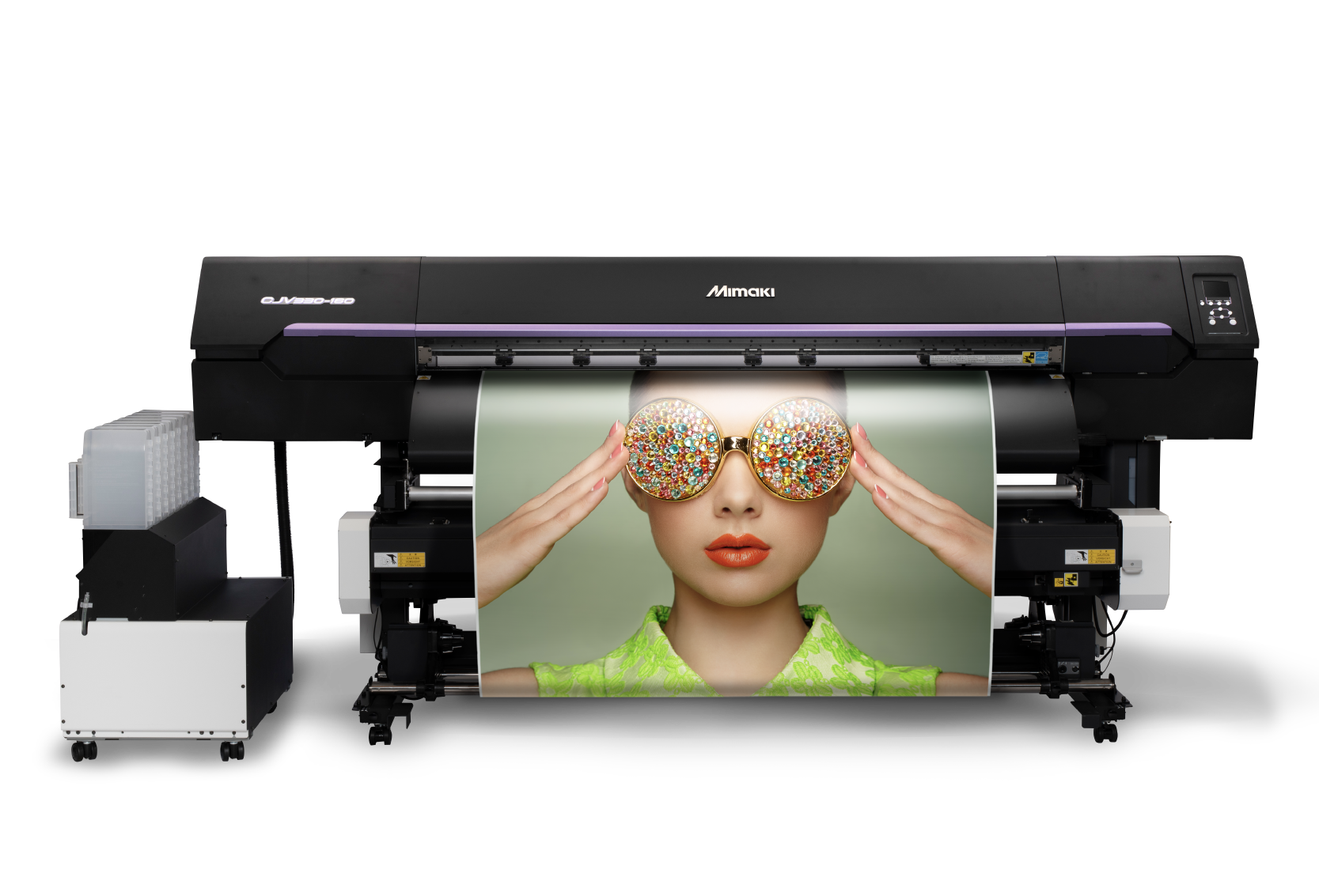 Large format printer printing a photo of a woman wearing colorful, gemstone-encrusted sunglasses and a bright green top.