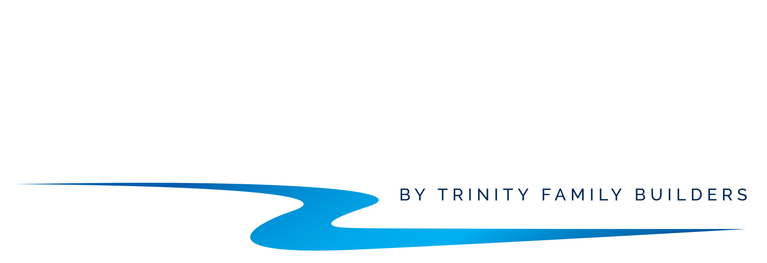 Logo for Pine Meadows Reserve Townhomes by Trinity Family Builders, featuring white and blue lettering and swoosh graphic.
