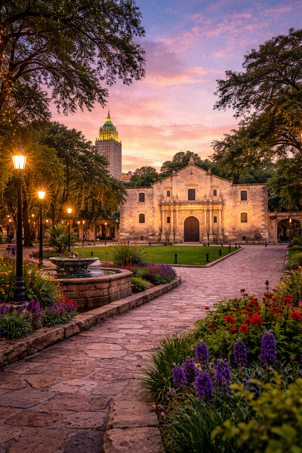 A historic church with stone walls and an arched wooden door, surrounded by a cobblestone path, colorful flowers, and trees, with a tall city skyscraper in the background, during sunset.