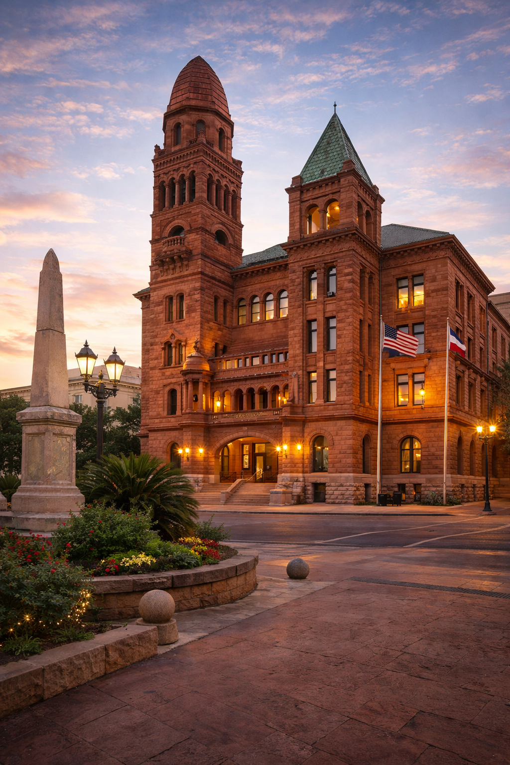 Historical red sandstone government building with twin towers, American and Texas flags, illuminated windows, and surrounding street lamps at sunset.