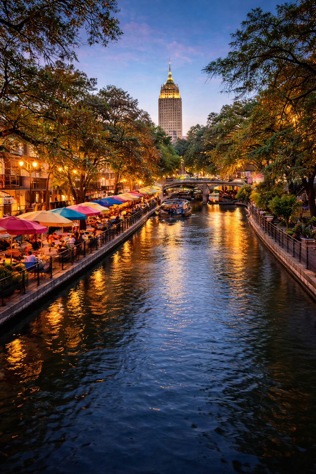 Scene of a canal in the evening with boats docked along the sides, colorful umbrellas shading outdoor dining on the left, illuminated trees and buildings, and the Empire State Building in the background in New York City.