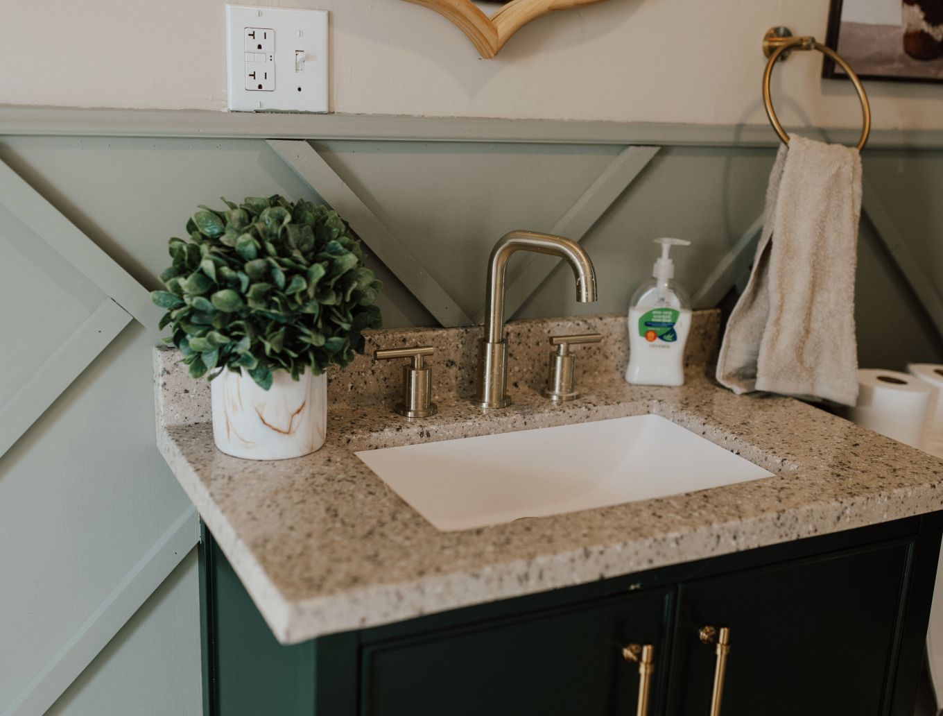 A bathroom vanity with a granite countertop, a white integrated sink, a brushed nickel faucet, a potted green plant in a white marbled pot, a bottle of liquid soap, a beige towel hanging on a gold ring, and a toilet paper roll. There is an electrical outlet on the wall above the countertop.