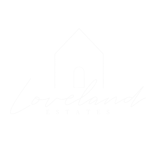 Logo with an outline of a house and the text 'Loveland Estates' in cursive and serif fonts on a black background.