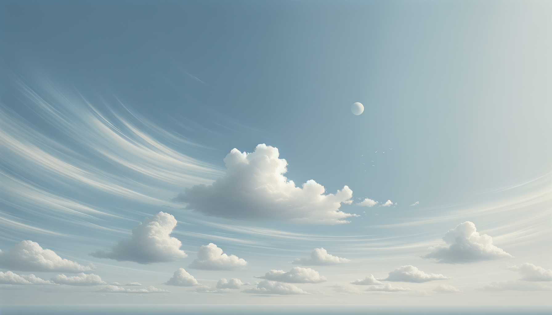 Sky with wispy clouds, a full moon, and a small flock of birds