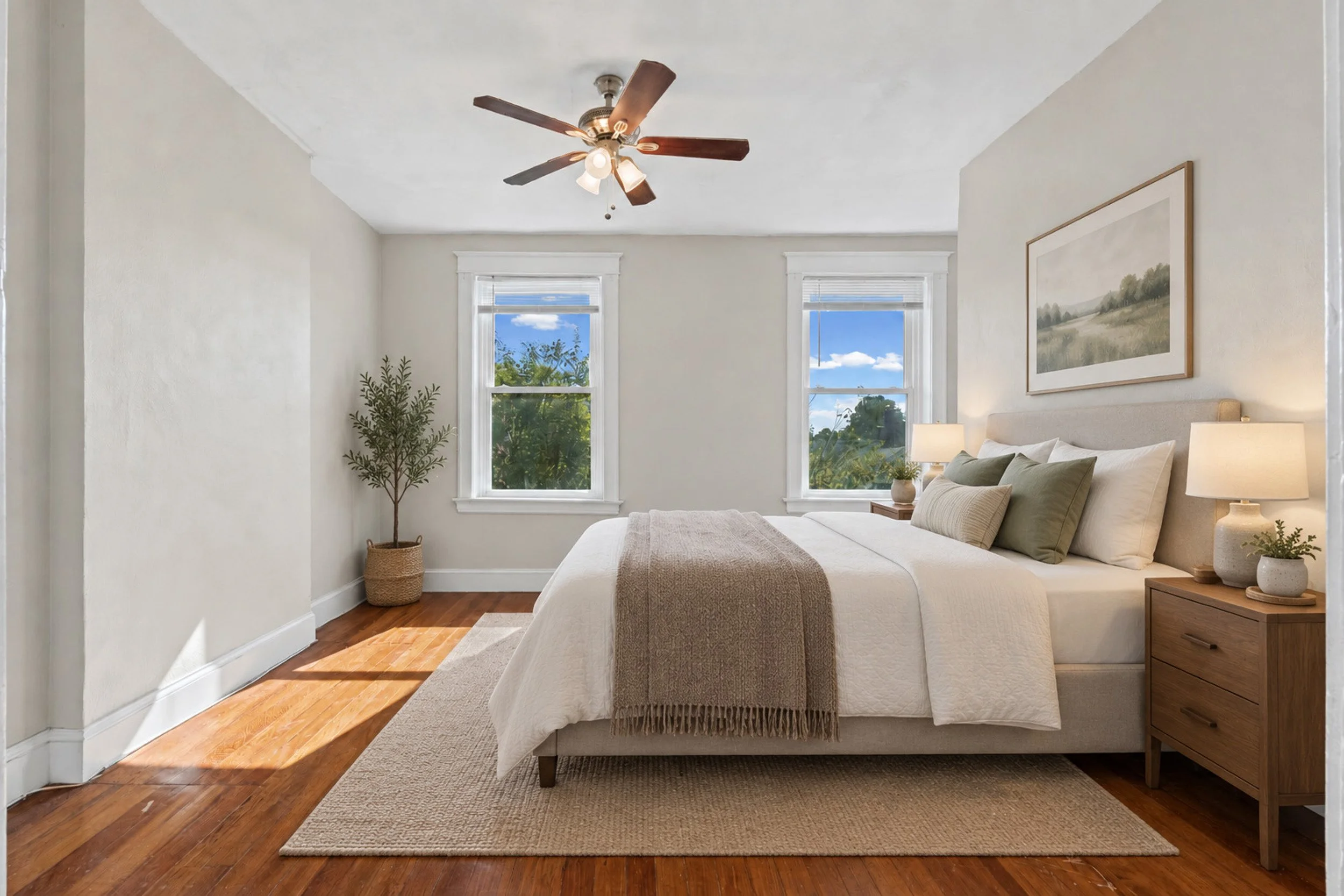 Bright bedroom with white walls, two windows showing a sunny sky with clouds and greenery outside, a white bed with beige and green pillows, a beige blanket, wooden nightstands with lamps, and a framed landscape painting on the wall. There's a potted