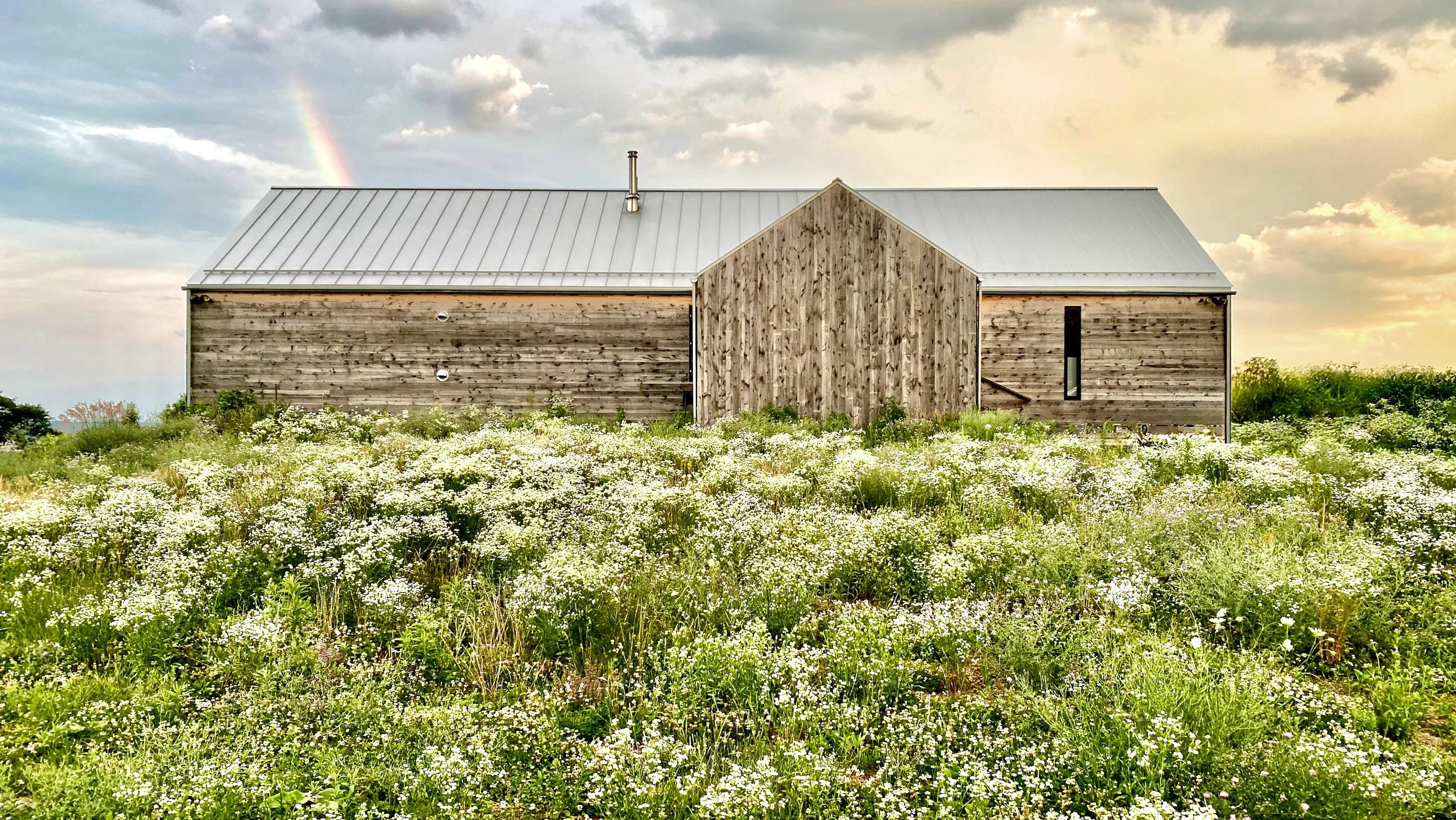 Exterior view of Medusa, featuring weathered wood siding, a standing seam metal roof, and a wild meadow foreground under a rainbow.