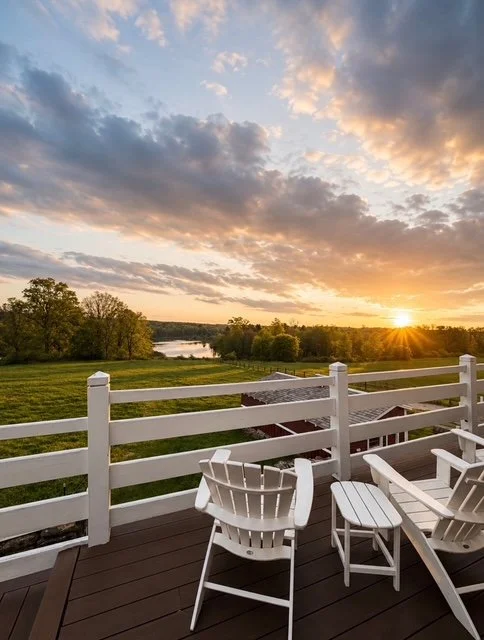 Sunset over a backyard deck with white Adirondack chairs and a white railing, overlooking a landscape with trees and a lake in the distance.