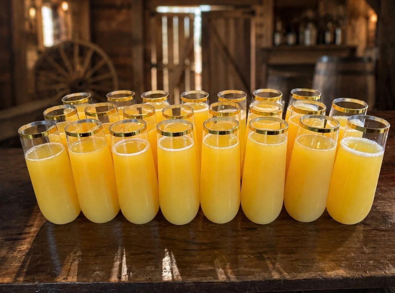 A row of 20 glasses filled with orange juice, placed on a rustic wooden table in a barn-like setting.