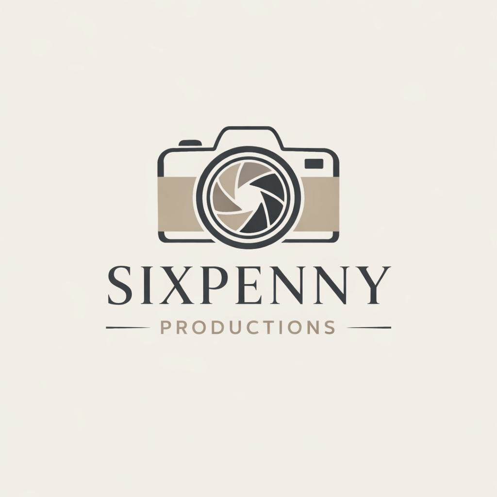 Logo of a camera with the words 'SIXPENNY PRODUCTIONS' below it.