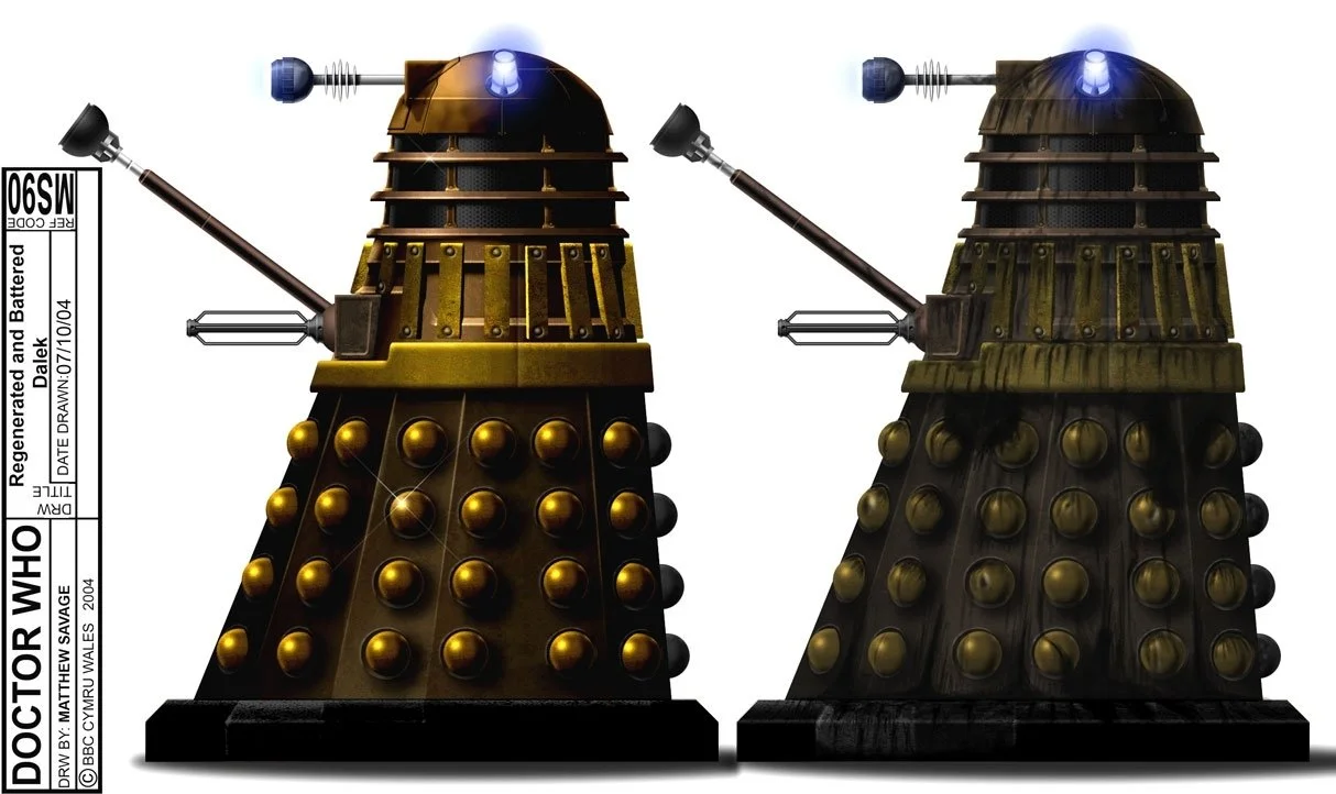 Two Dalek models from Doctor Who, with one on the left showing a damaged orange and black design and the right with a darker, more intact appearance.