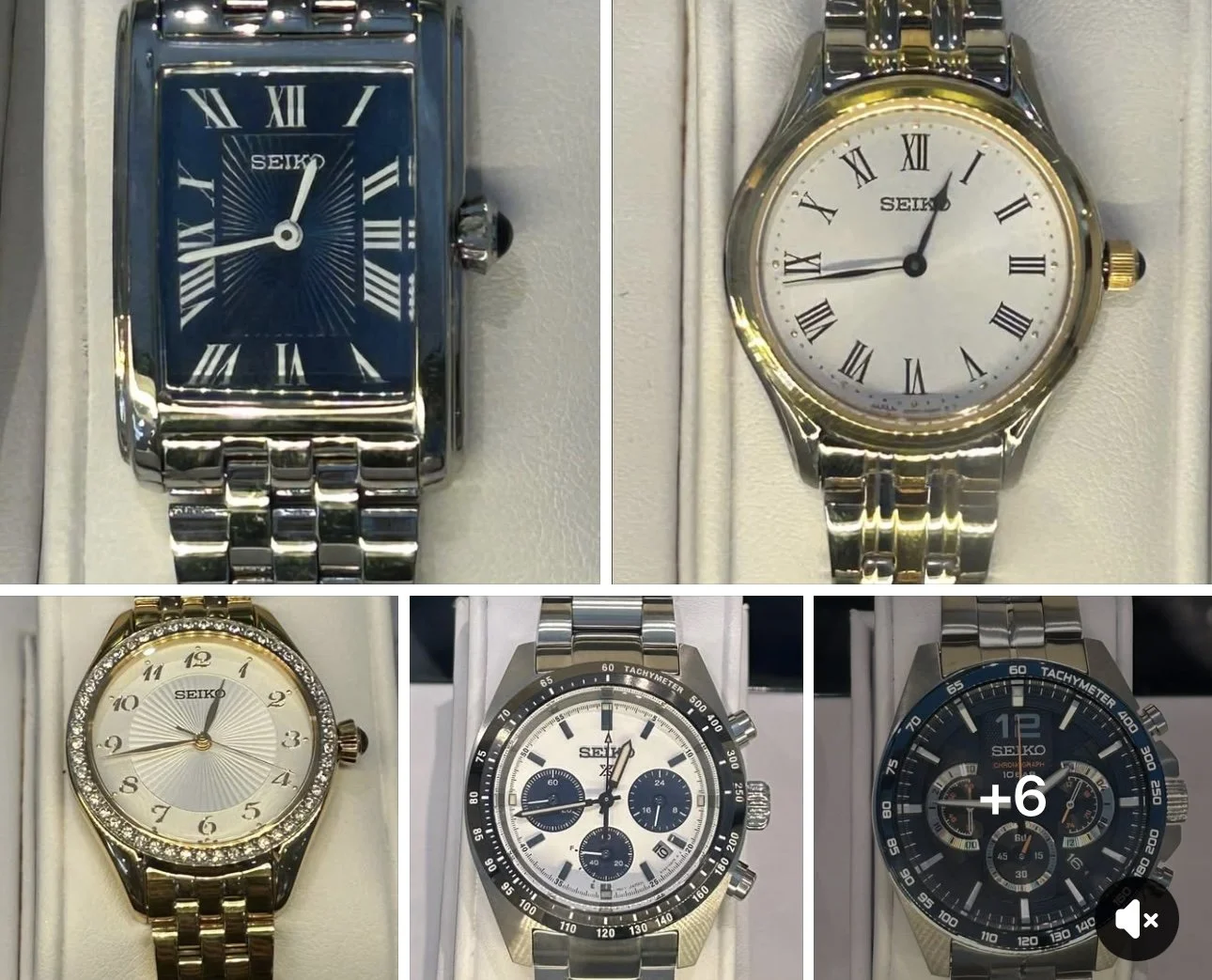 Collection of six Seiko wristwatches, each with different designs and features, displayed on a light background.