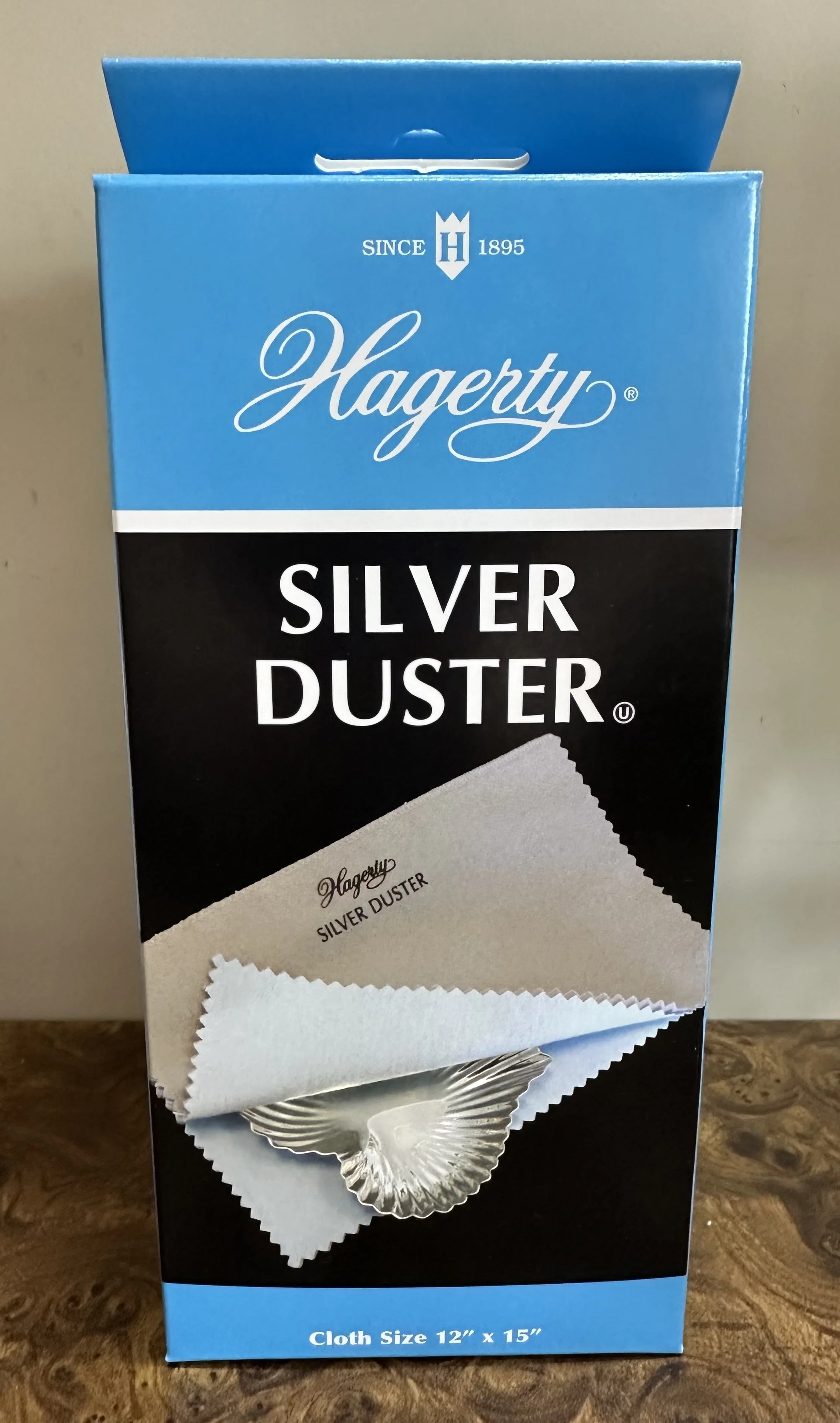 A box of Hagerty Silver Duster with a cloth size of 12 inches by 15 inches.