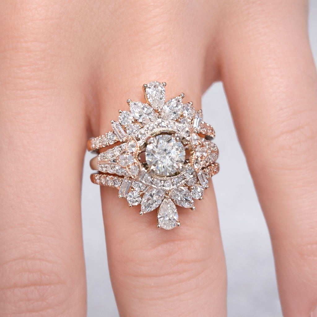 A close-up of a hand wearing an ornate diamond ring with multiple layers of intricate design and a large central diamond.