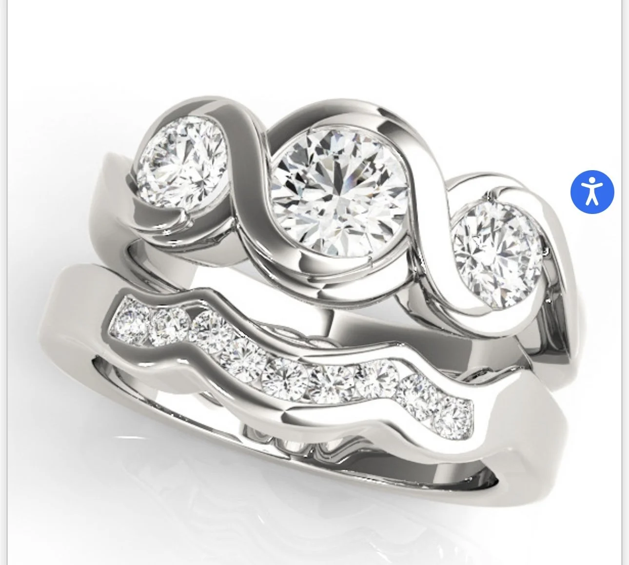 Set of three silver rings with large round diamonds and smaller diamonds, arranged in a modern, wavy design.