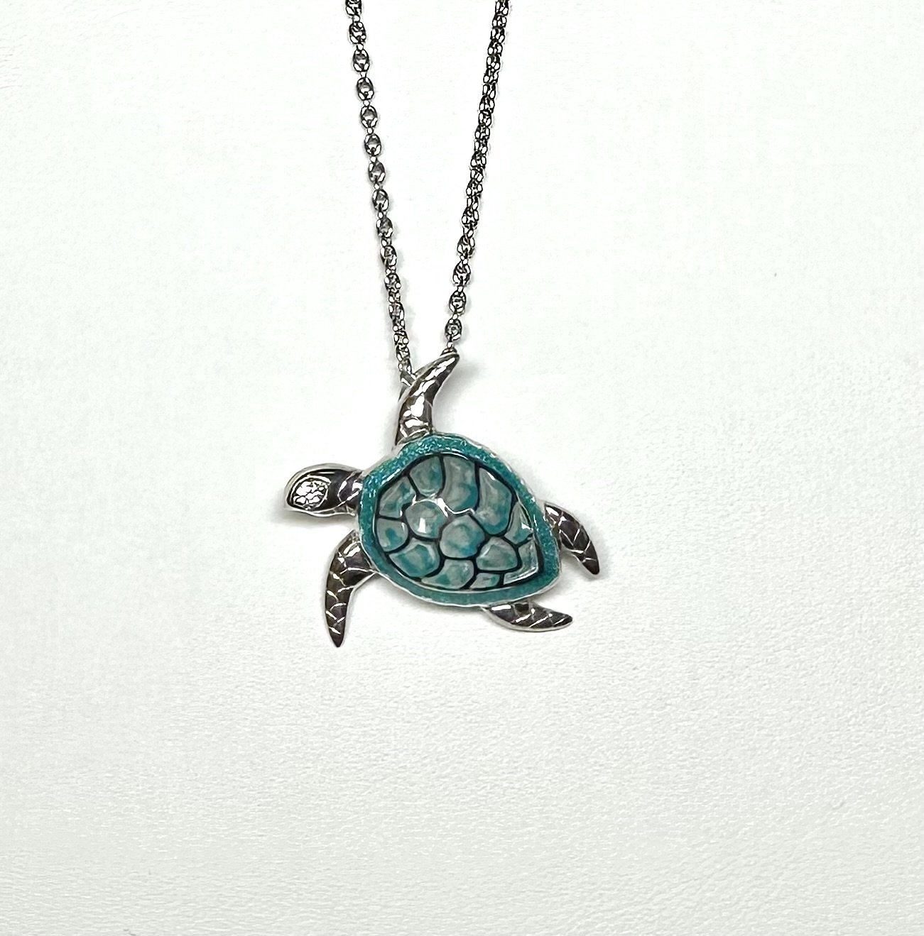 A necklace with a turtle pendant featuring an enameled and silver design.
