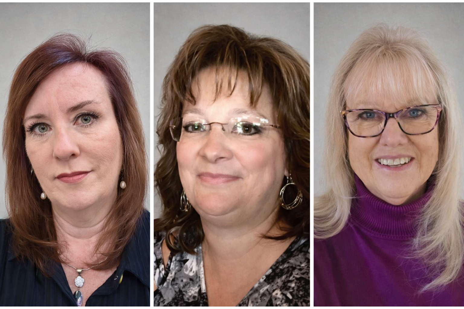 Three women with different hairstyles and glasses, each smiling and looking in different directions, posing against plain backgrounds.