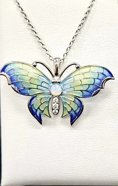 Colorful enameled and opal butterfly pendant necklace with a chain