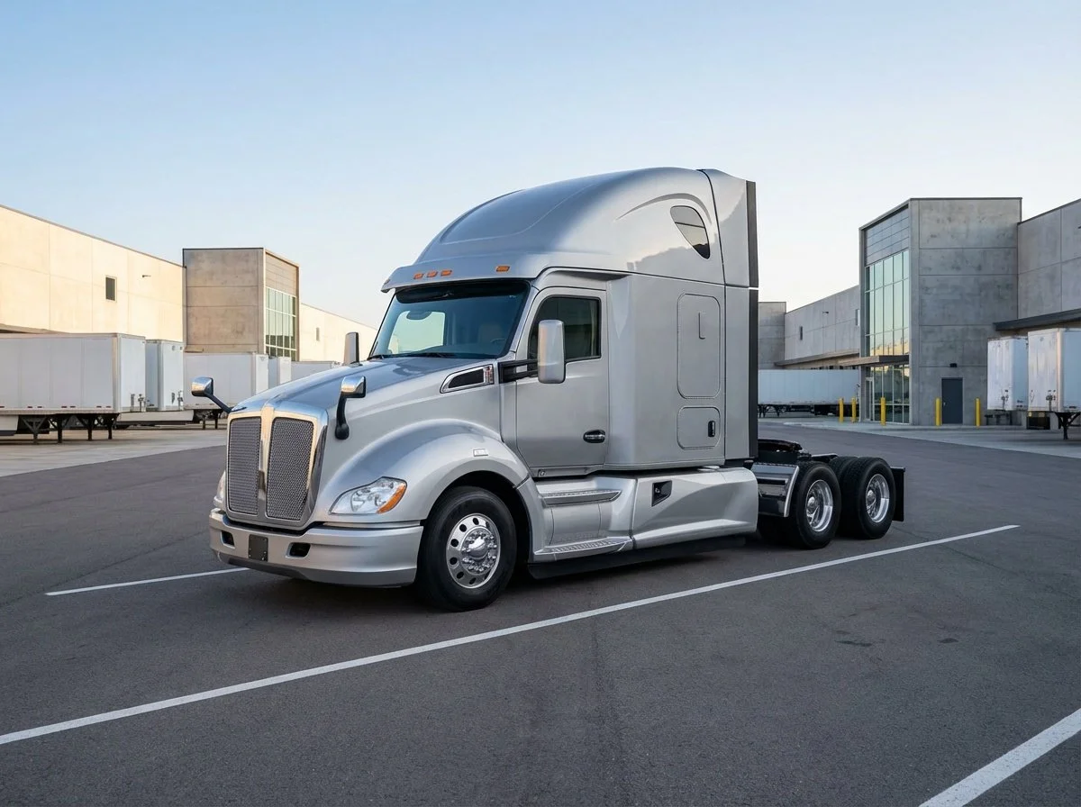 A silver semi-truck with a high sleeper cab parked in an empty lot near a large commercial building with multiple trailers.