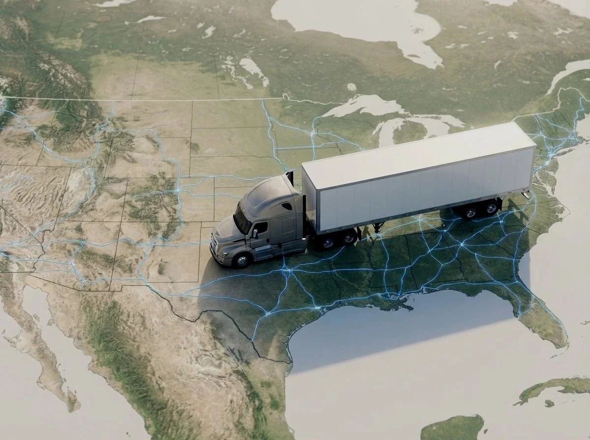 A semi-truck drives on a map of the United States with blue network lines indicating major highways and waterways.