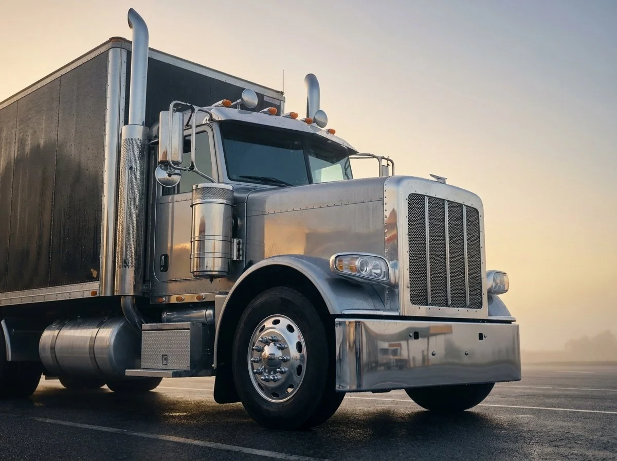 A silver semi-truck parked on an empty road during sunset or sunrise.
