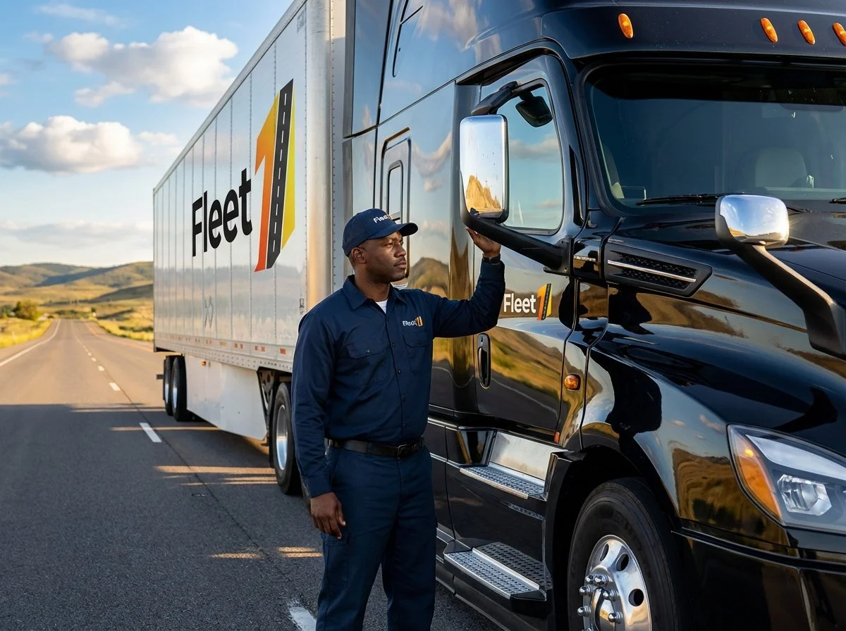 A fleet one truck driver standing on the road in front of his black semi-truck with a white trailer labeled 'Fleet' and an orange and black arrow logo. The driver, wearing a navy blue uniform and cap, is touching the side mirror of the truck.