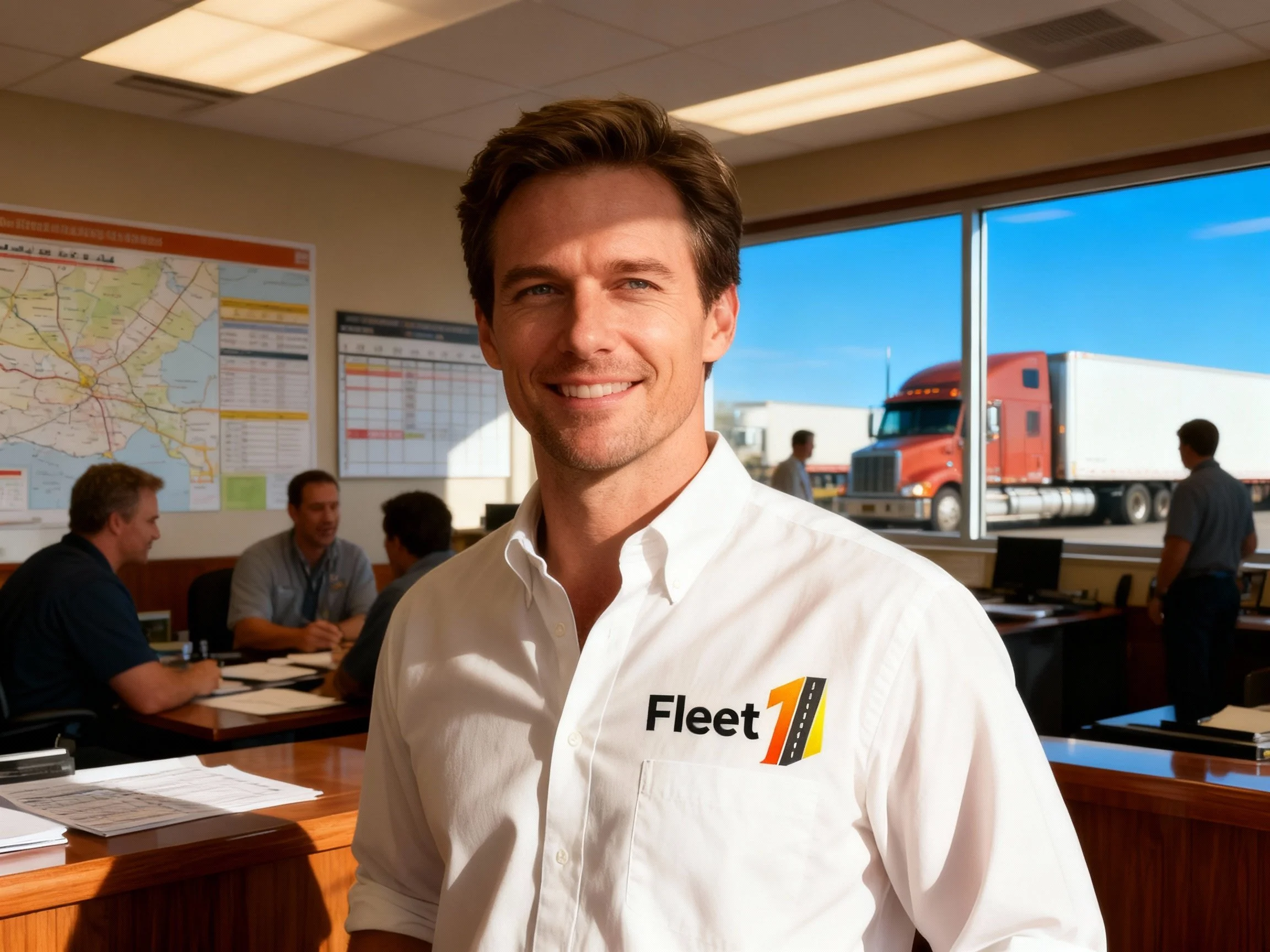 A fleetone trucker in a white shirt with a Fleet 1 logo smiles in a truck dispatch office with several people working at desks and a large window showing a red semi-truck outside.