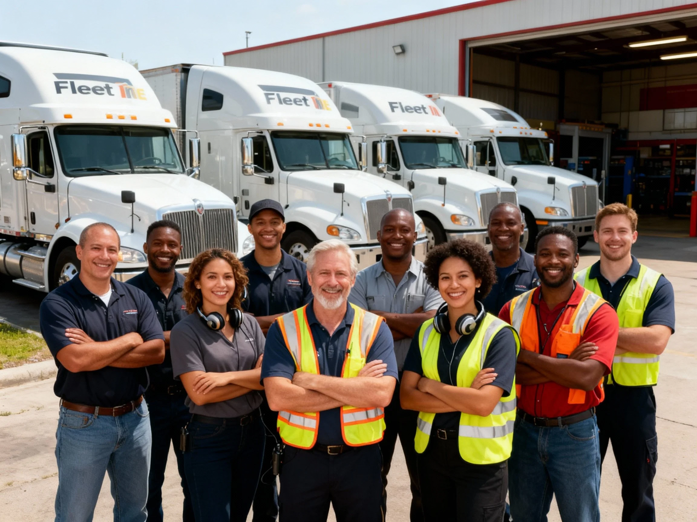 Group of fleetone truck drivers smiling in front of fleet trucks outside a warehouse.