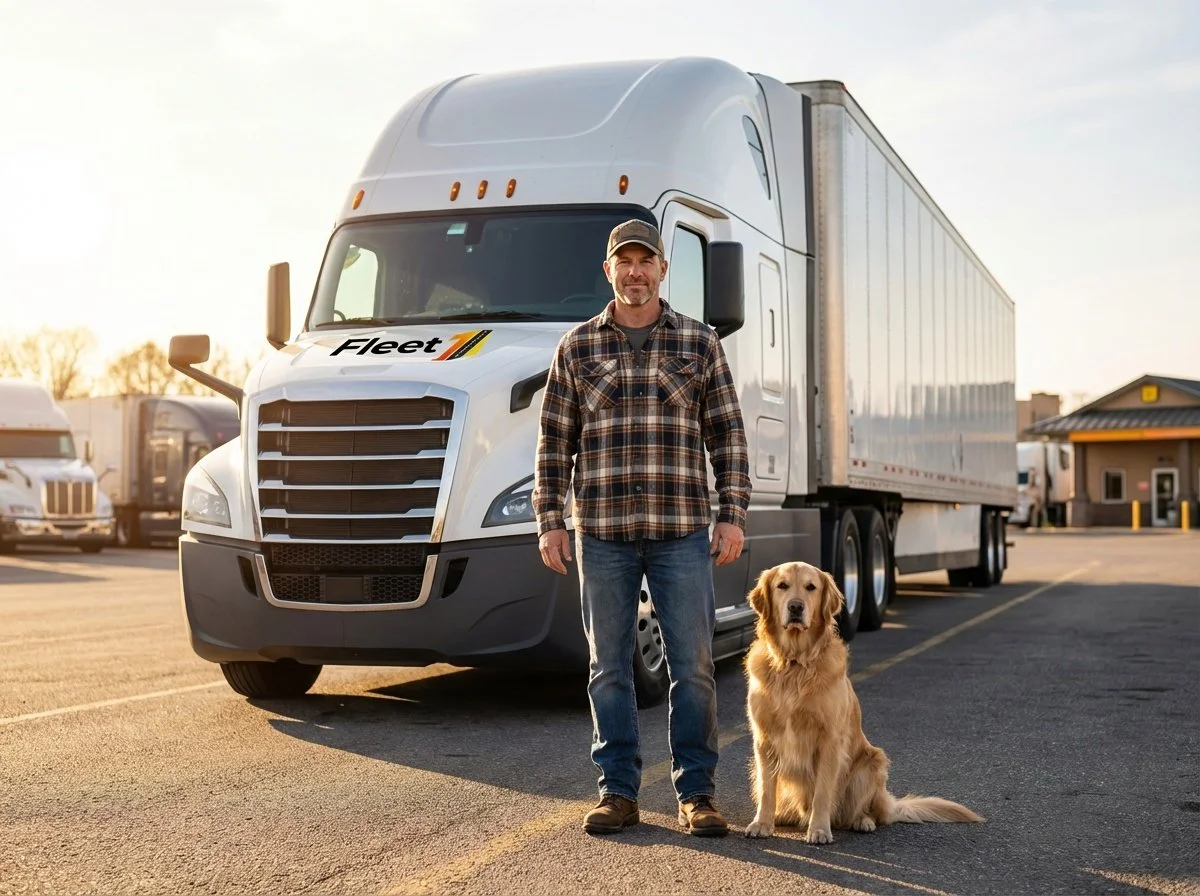 A fleetone trucker  and a golden retriever dog standing in front of a large white semi-truck in a parking lot at sunset.