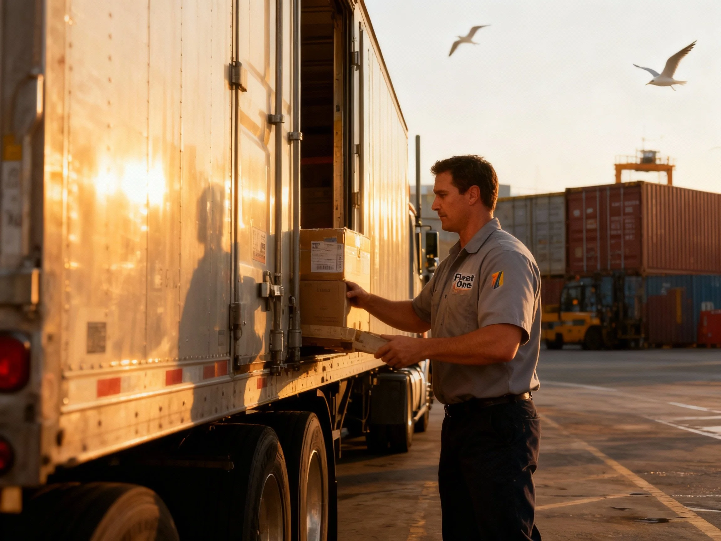 A fleetone trucker wearing a gray shirt with Fleet One logo loading a package into a truck at a shipping yard during sunset, with stacked shipping containers and seagulls flying overhead.
