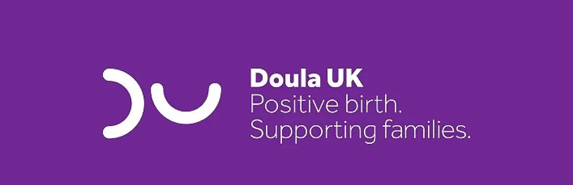 Logo and slogan for Doula UK with purple background, white abstract symbol, and text 'Doula UK Positive birth. Supporting families.'