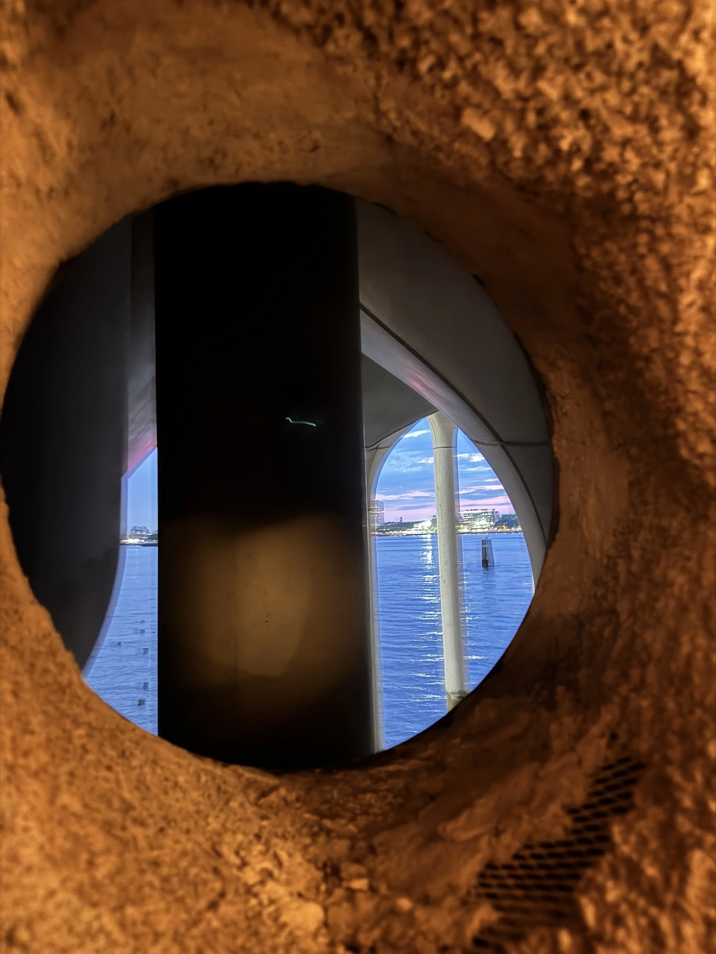 View of water and city skyline through a round opening in a structure, with some metal poles and a painted sky in the background.